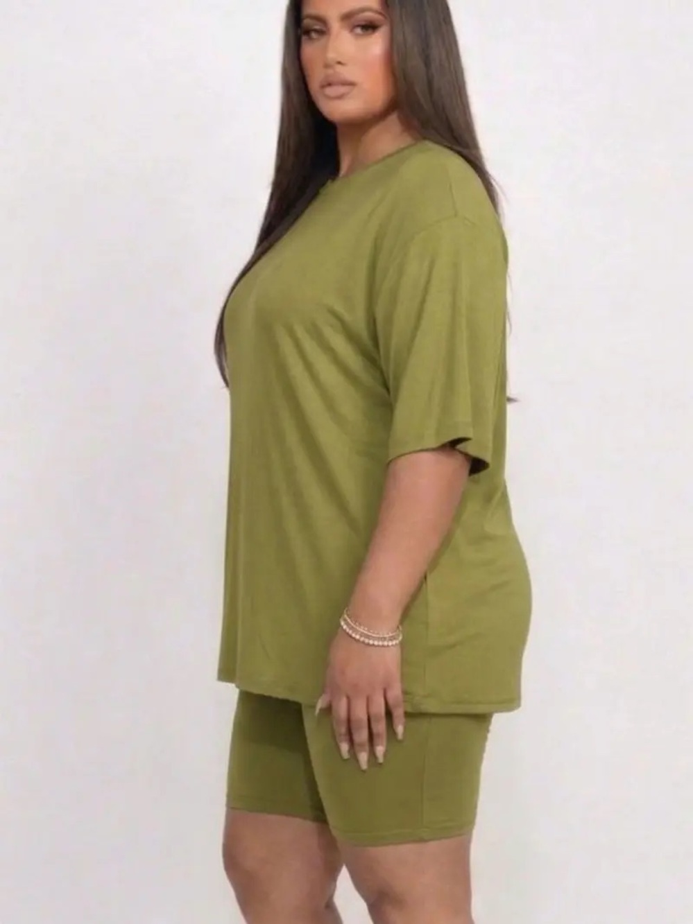 Olive Green Women's Relaxed Tee and Biker Short Set - Picture 2 of 3